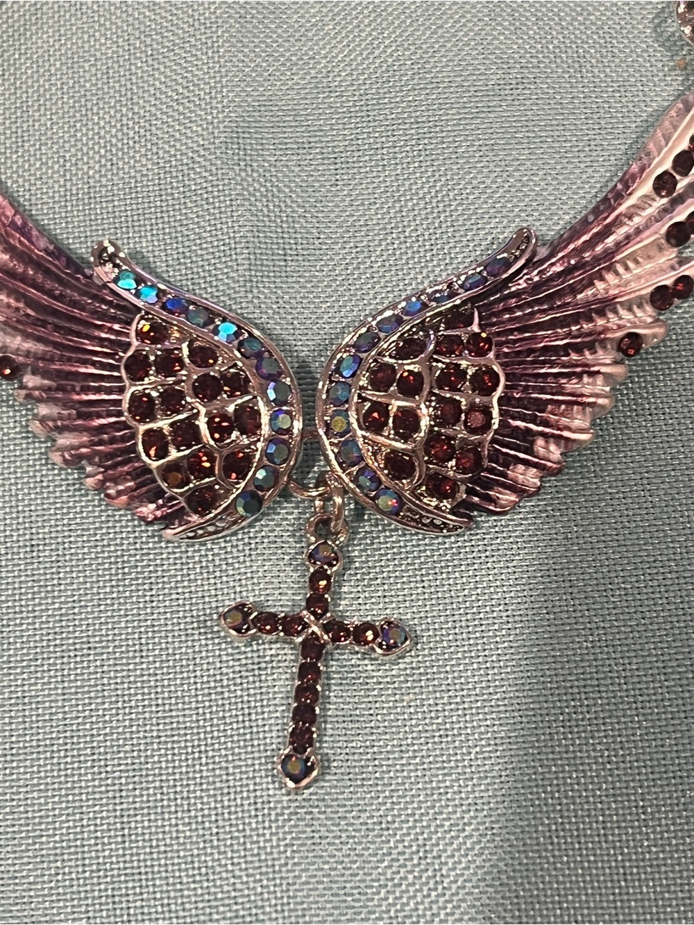 Pink Crystal Wing Necklace with Cross Pendant